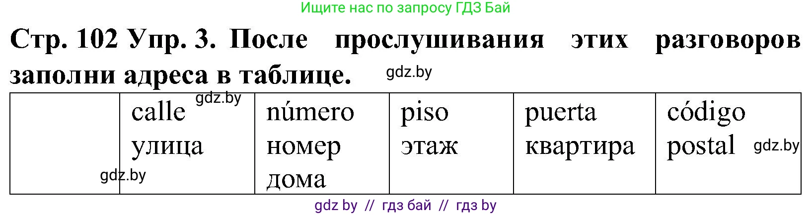 Испанский язык, 5 класс Учебник, автор: Гриневич Елена Карловна, издательство Вышэйшая школа, Минск, 2015, оранжевого цвета, Часть 2, страница 102, номер 3, Решение
