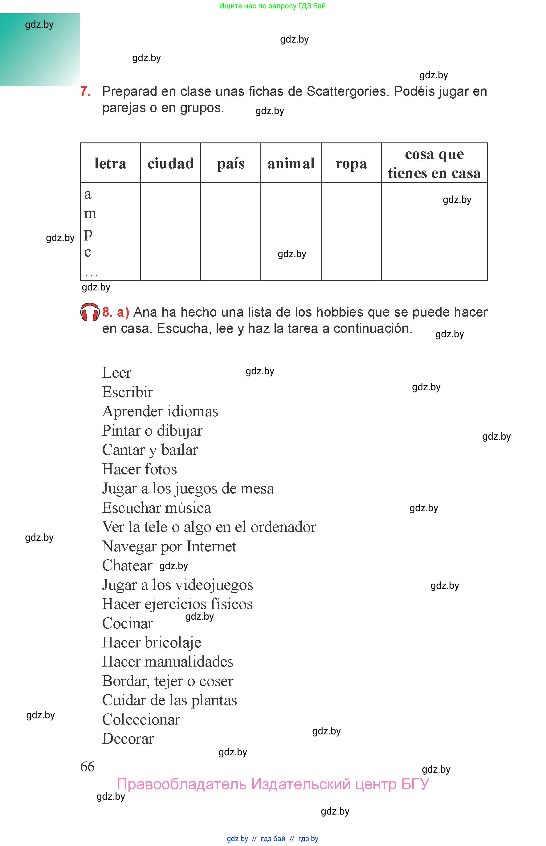 Испанский язык, 6 класс Учебник, авторы: Цыбулева Татьяна Эдуардовна, Пушкина Ольга Александровна, издательство Издательский центр БГУ, Минск, 2018, Часть 1, страница 66