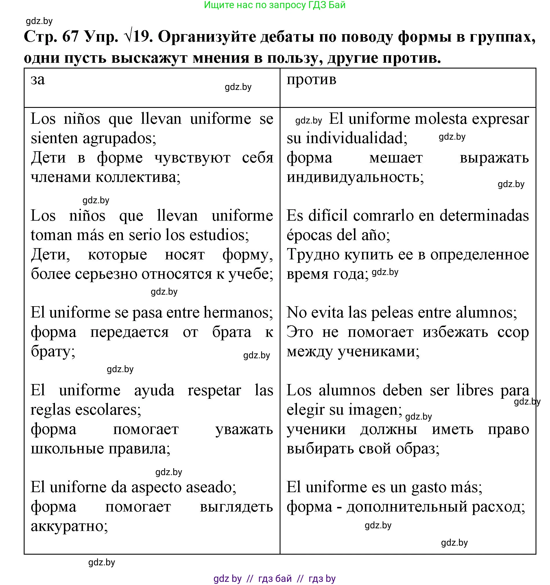 Испанский язык, 6 класс Учебник, автор: Гриневич Елена Карловна, издательство Вышэйшая школа, Минск, 2016, зелёного цвета, страница 67, номер 19, Решение