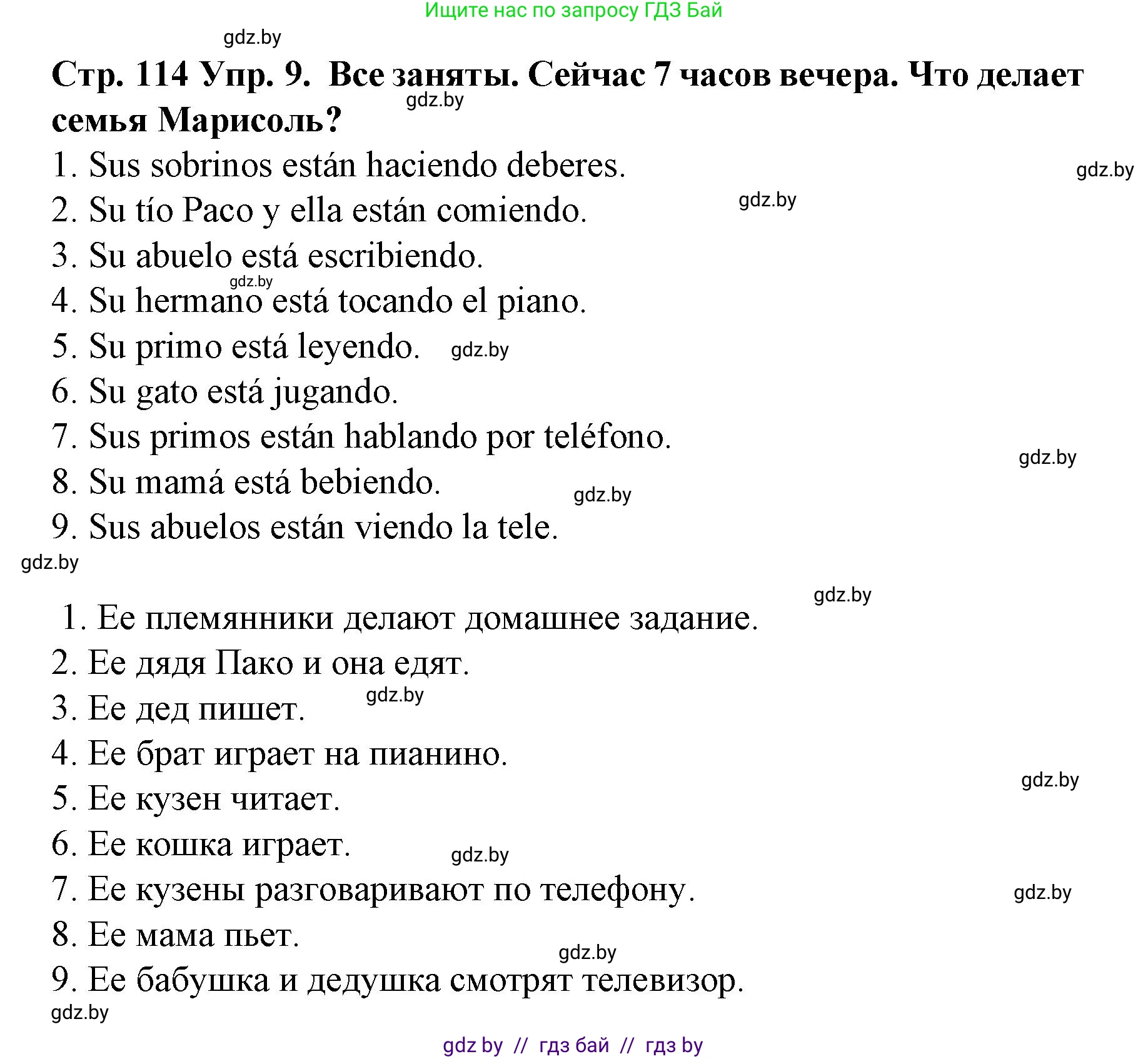 Испанский язык, 6 класс Учебник, автор: Гриневич Елена Карловна, издательство Вышэйшая школа, Минск, 2016, зелёного цвета, страница 114, номер 9, Решение