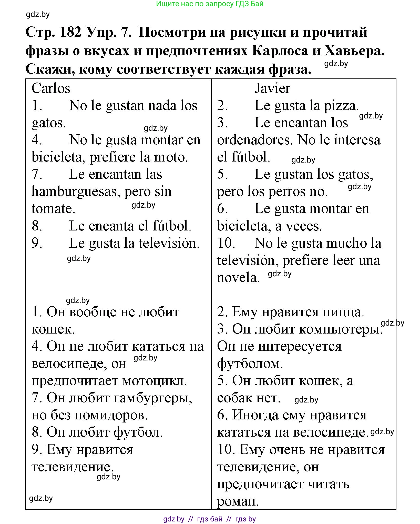Испанский язык, 6 класс Учебник, автор: Гриневич Елена Карловна, издательство Вышэйшая школа, Минск, 2016, зелёного цвета, страница 182, номер 7, Решение