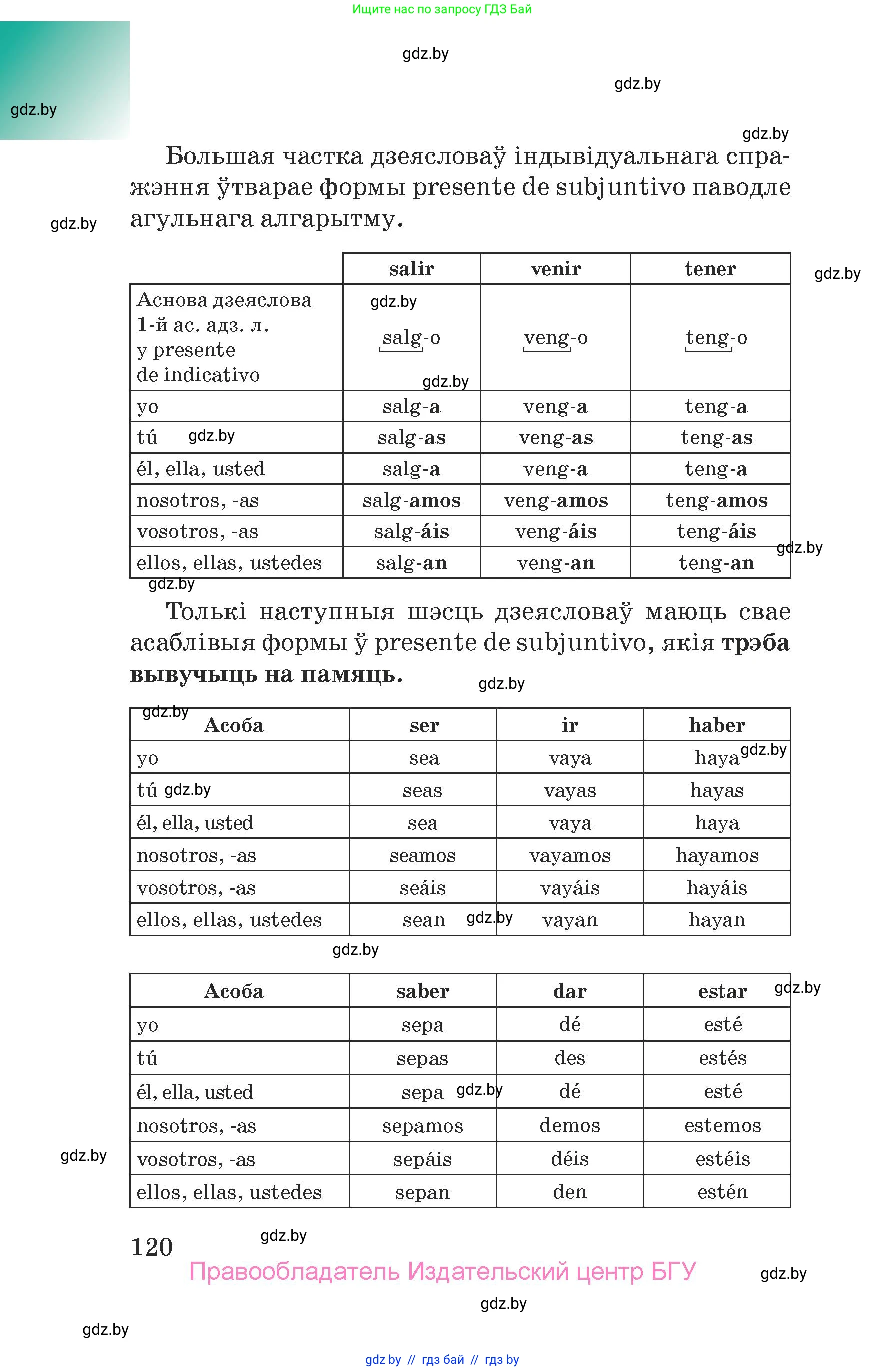 Испанский язык, 7 класс Учебник, авторы: Цыбулева Татьяна Эдуардовна, Пушкина Ольга Александровна, Карпиевич Галина Константиновна, издательство Издательский центр БГУ, Минск, 2019, бирюзового цвета, страница 120
