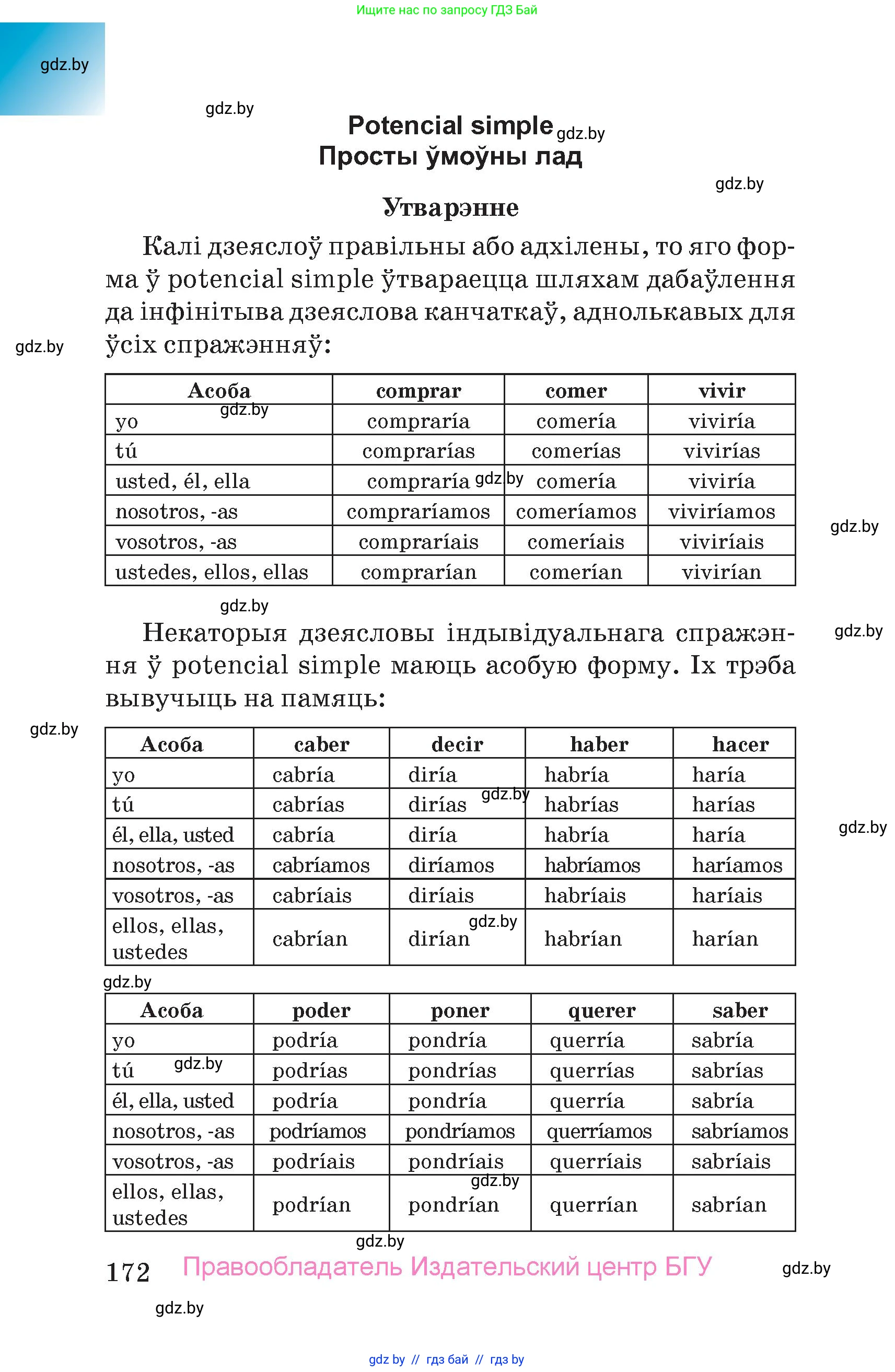 Испанский язык, 7 класс Учебник, авторы: Цыбулева Татьяна Эдуардовна, Пушкина Ольга Александровна, Карпиевич Галина Константиновна, издательство Издательский центр БГУ, Минск, 2019, бирюзового цвета, страница 172