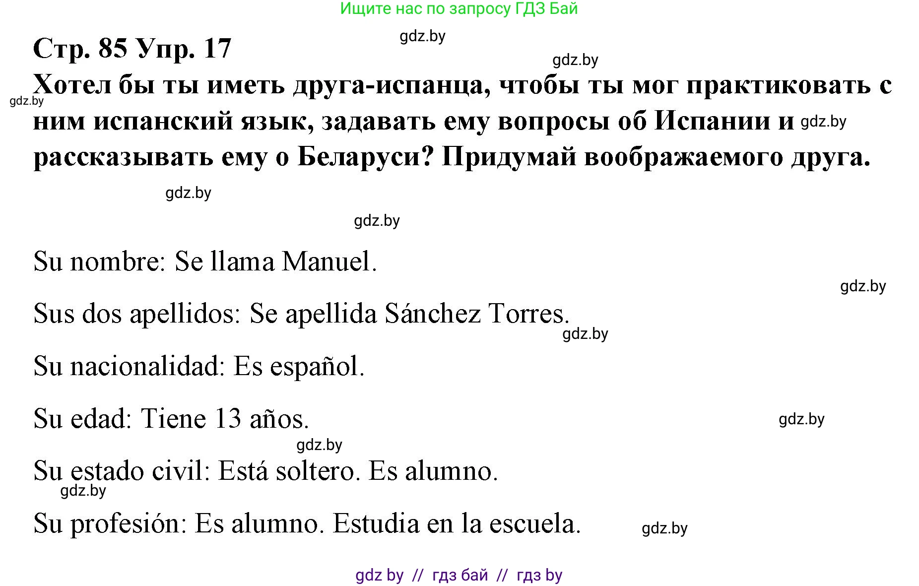 Испанский язык, 7 класс Учебник, авторы: Цыбулева Татьяна Эдуардовна, Пушкина Ольга Александровна, Карпиевич Галина Константиновна, издательство Издательский центр БГУ, Минск, 2019, бирюзового цвета, Часть 1, страница 85, номер 17, Решение