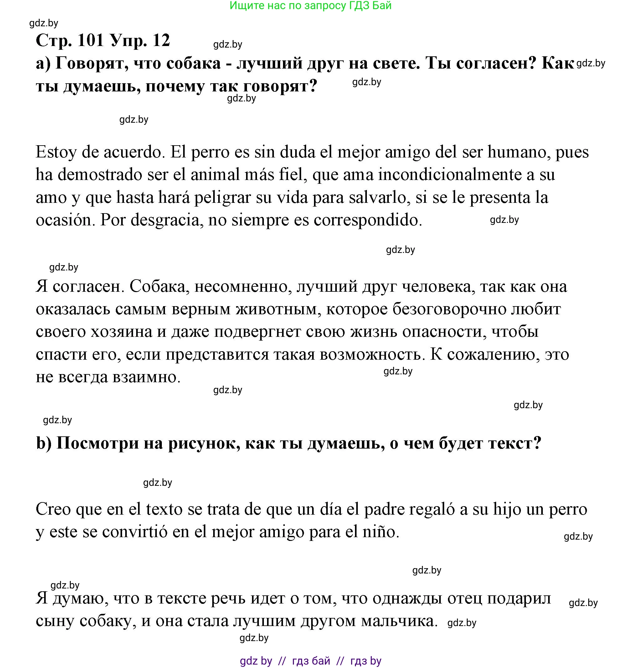 Испанский язык, 7 класс Учебник, авторы: Цыбулева Татьяна Эдуардовна, Пушкина Ольга Александровна, Карпиевич Галина Константиновна, издательство Издательский центр БГУ, Минск, 2019, бирюзового цвета, Часть 1, страница 101, номер 12, Решение