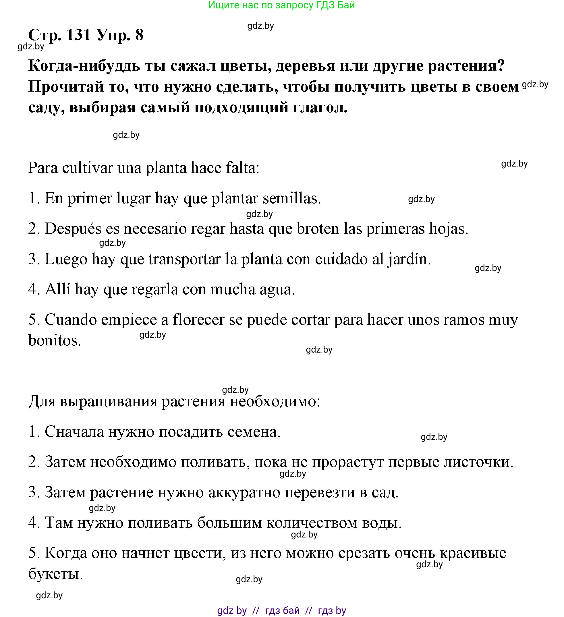 Испанский язык, 7 класс Учебник, авторы: Цыбулева Татьяна Эдуардовна, Пушкина Ольга Александровна, Карпиевич Галина Константиновна, издательство Издательский центр БГУ, Минск, 2019, бирюзового цвета, Часть 2, страница 131, номер 8, Решение