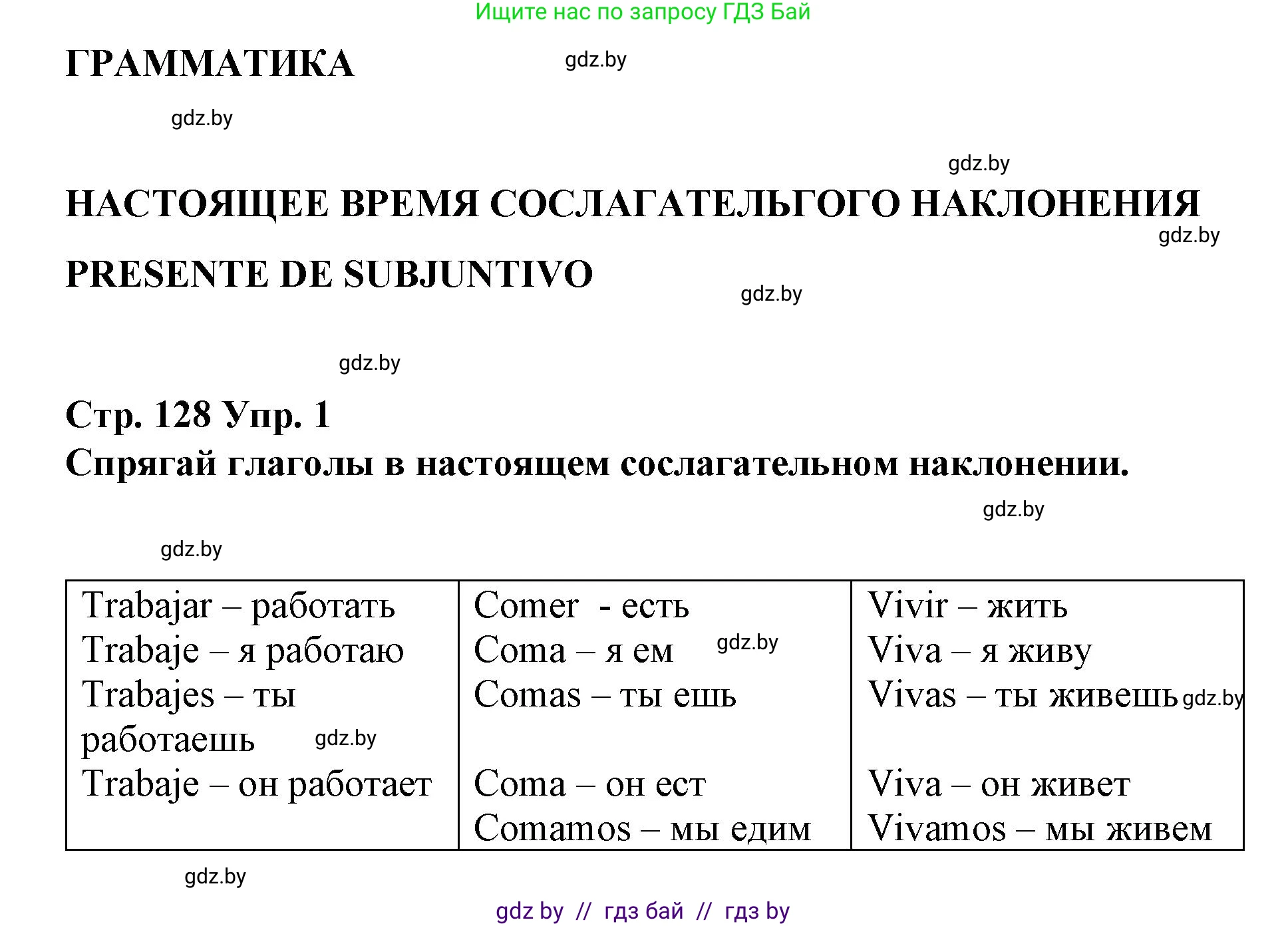 Испанский язык, 7 класс Учебник, авторы: Цыбулева Татьяна Эдуардовна, Пушкина Ольга Александровна, Карпиевич Галина Константиновна, издательство Издательский центр БГУ, Минск, 2019, бирюзового цвета, Часть 1, страница 128, номер 1, Решение