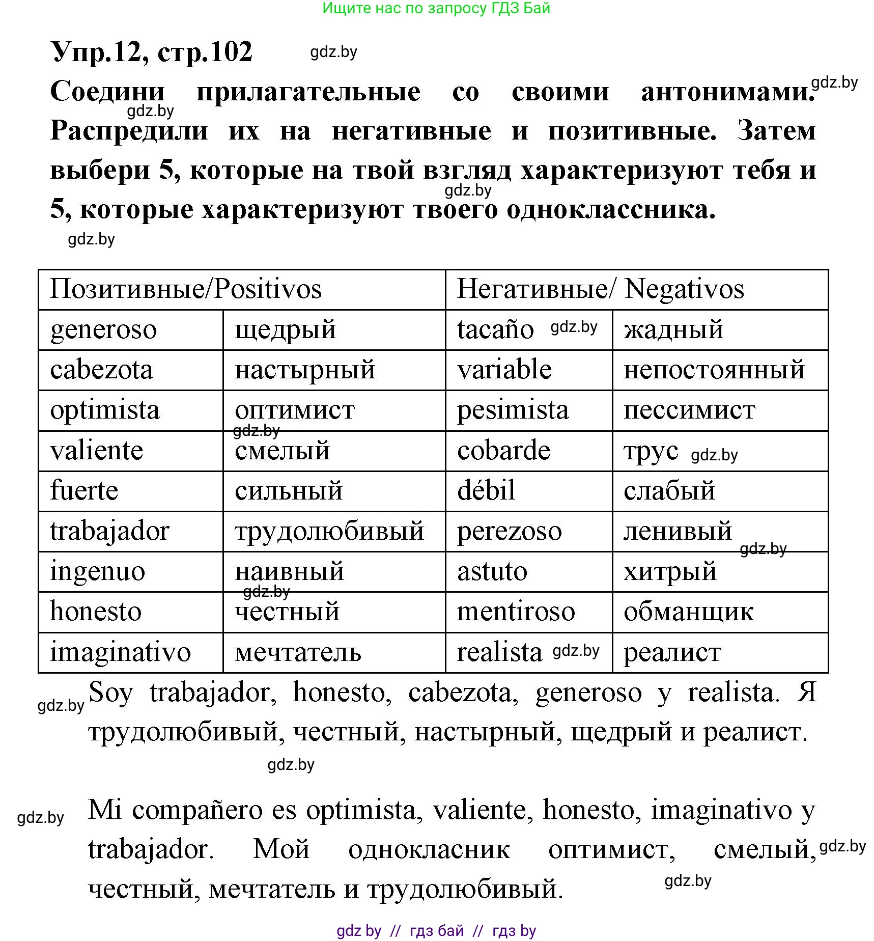 Испанский язык, 7 класс Учебник, автор: Гриневич Елена Карловна, издательство Вышэйшая школа, Минск, 2017, оранжевого цвета, страница 102, номер 12, Решение