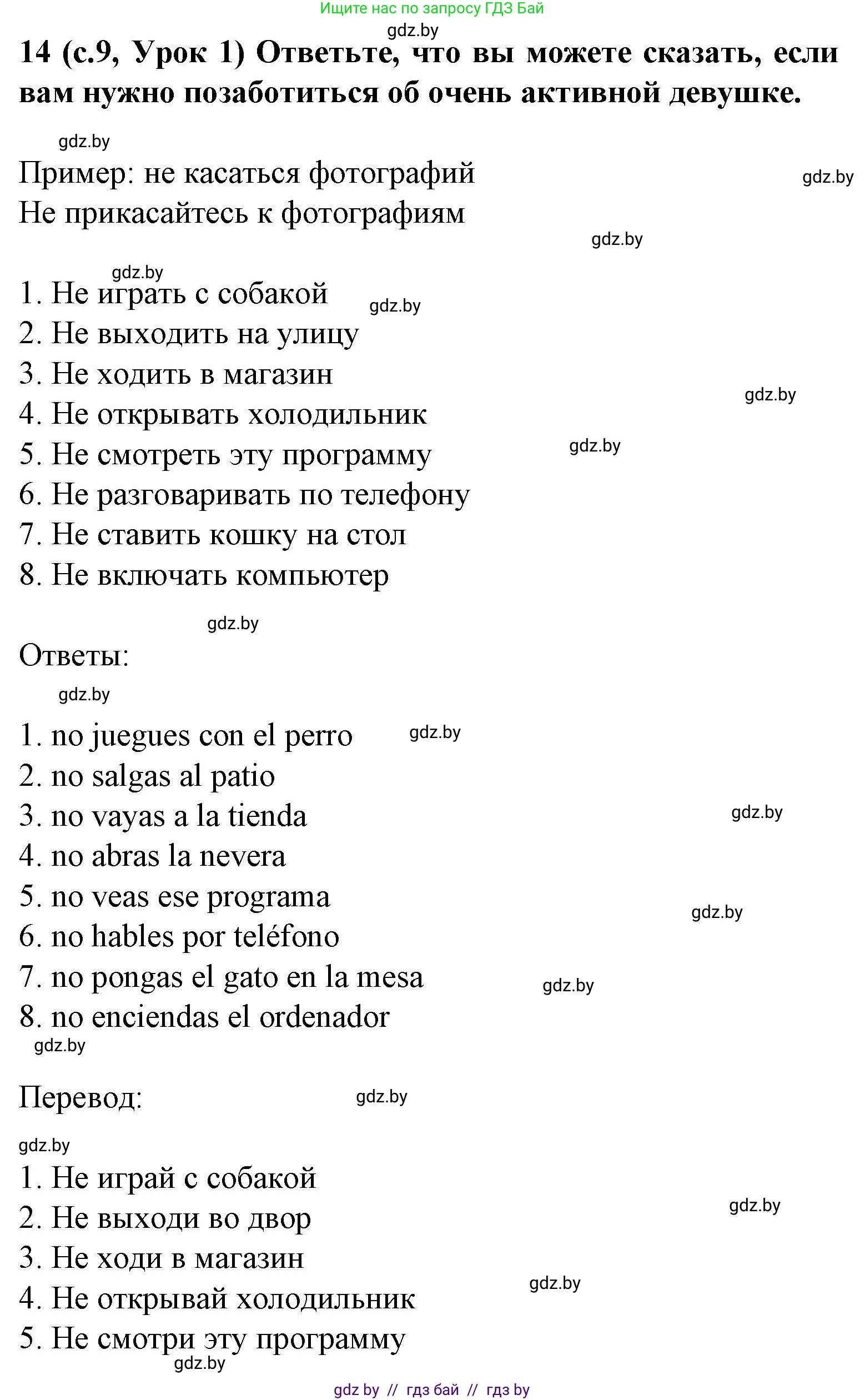 Испанский язык, 8 класс Учебник, автор: Гриневич Елена Карловна, издательство Вышэйшая школа, Минск, 2011, оранжевого цвета, страница 9, номер 14, Решение