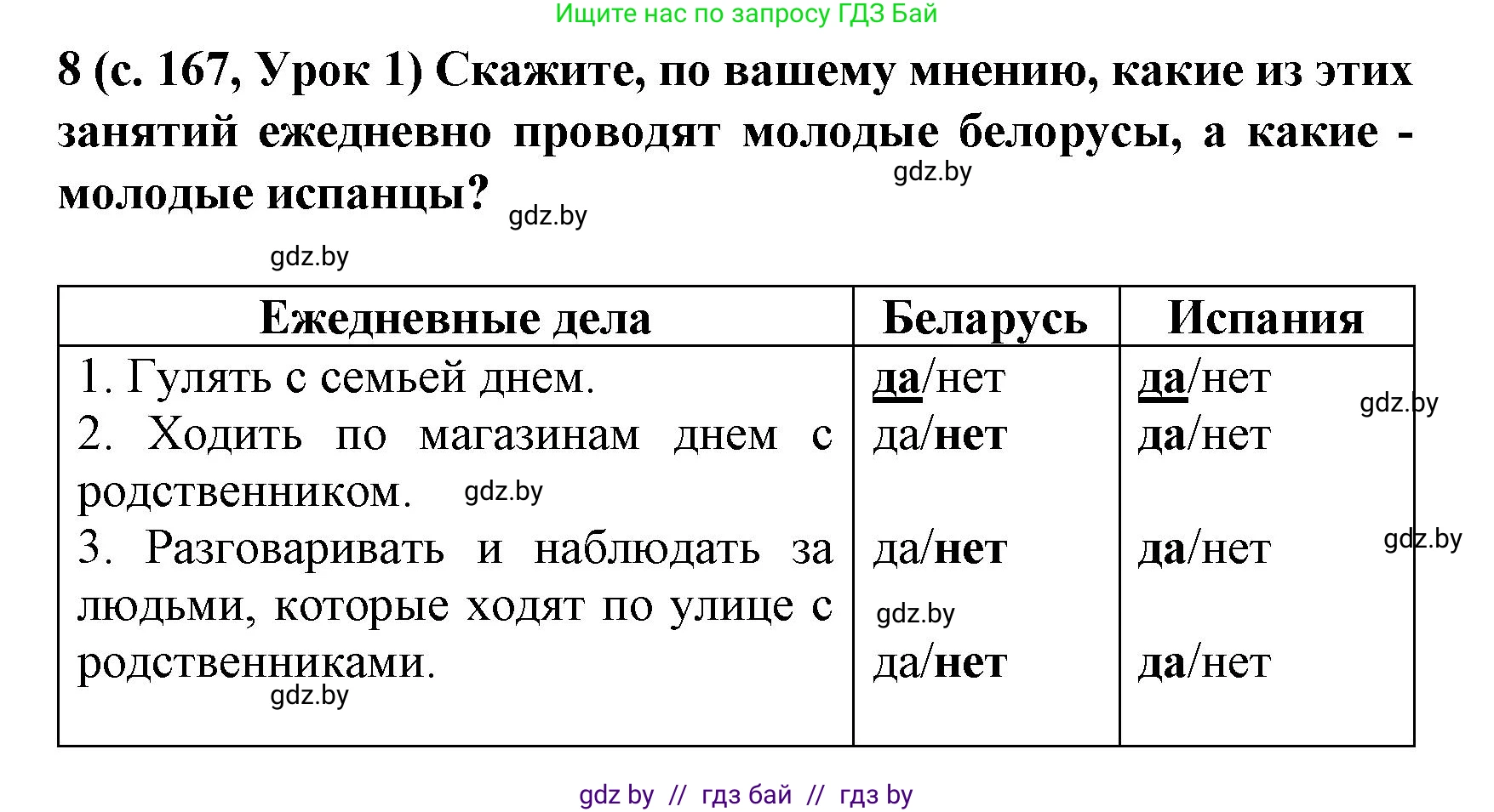 Испанский язык, 8 класс Учебник, автор: Гриневич Елена Карловна, издательство Вышэйшая школа, Минск, 2011, оранжевого цвета, страница 167, номер 8, Решение