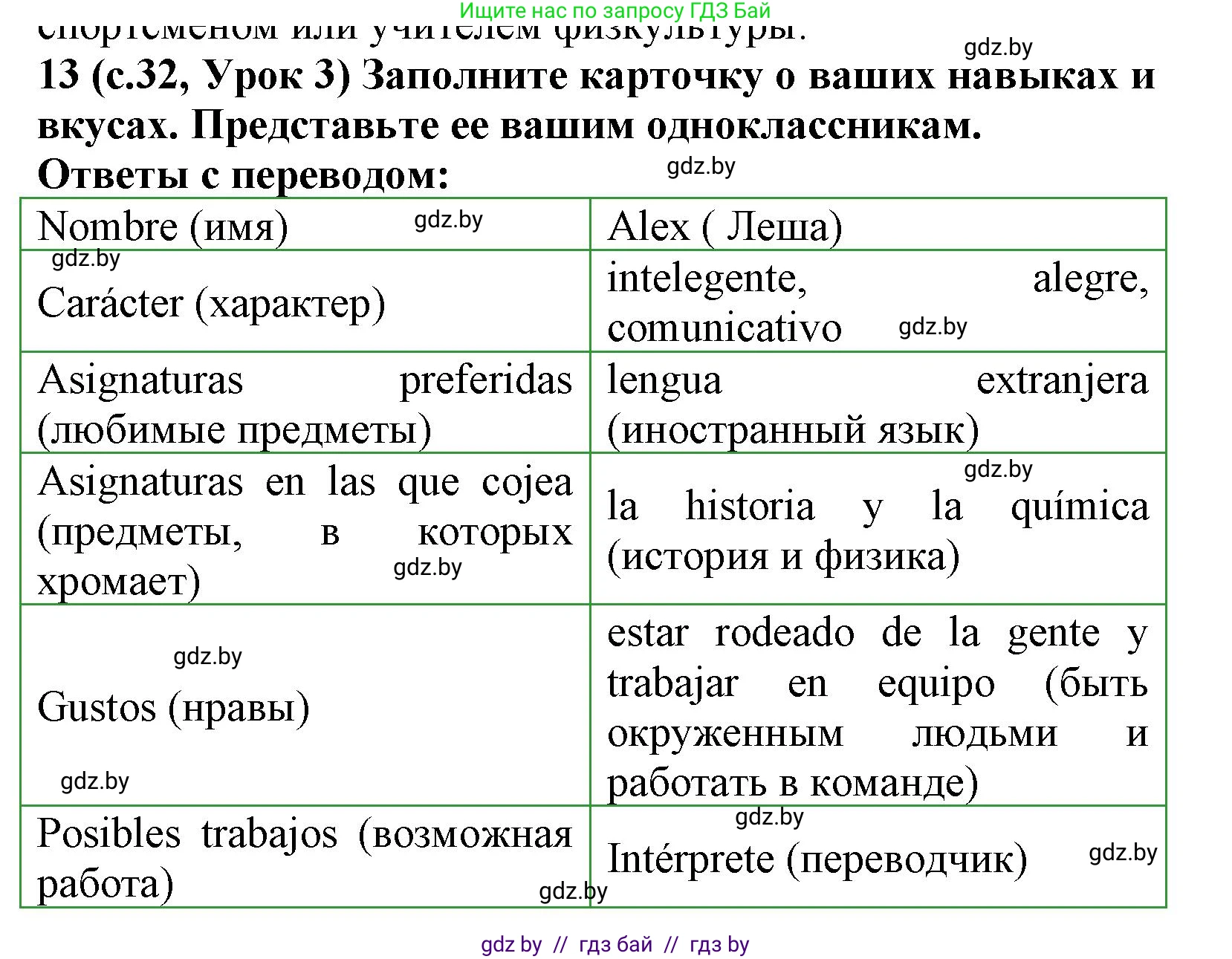 Испанский язык, 9 класс Учебник, авторы: Цыбулева Татьяна Эдуардовна, Пушкина Ольга Александровна, издательство Издательский центр БГУ, Минск, 2017, страница 32, номер 13, Решение