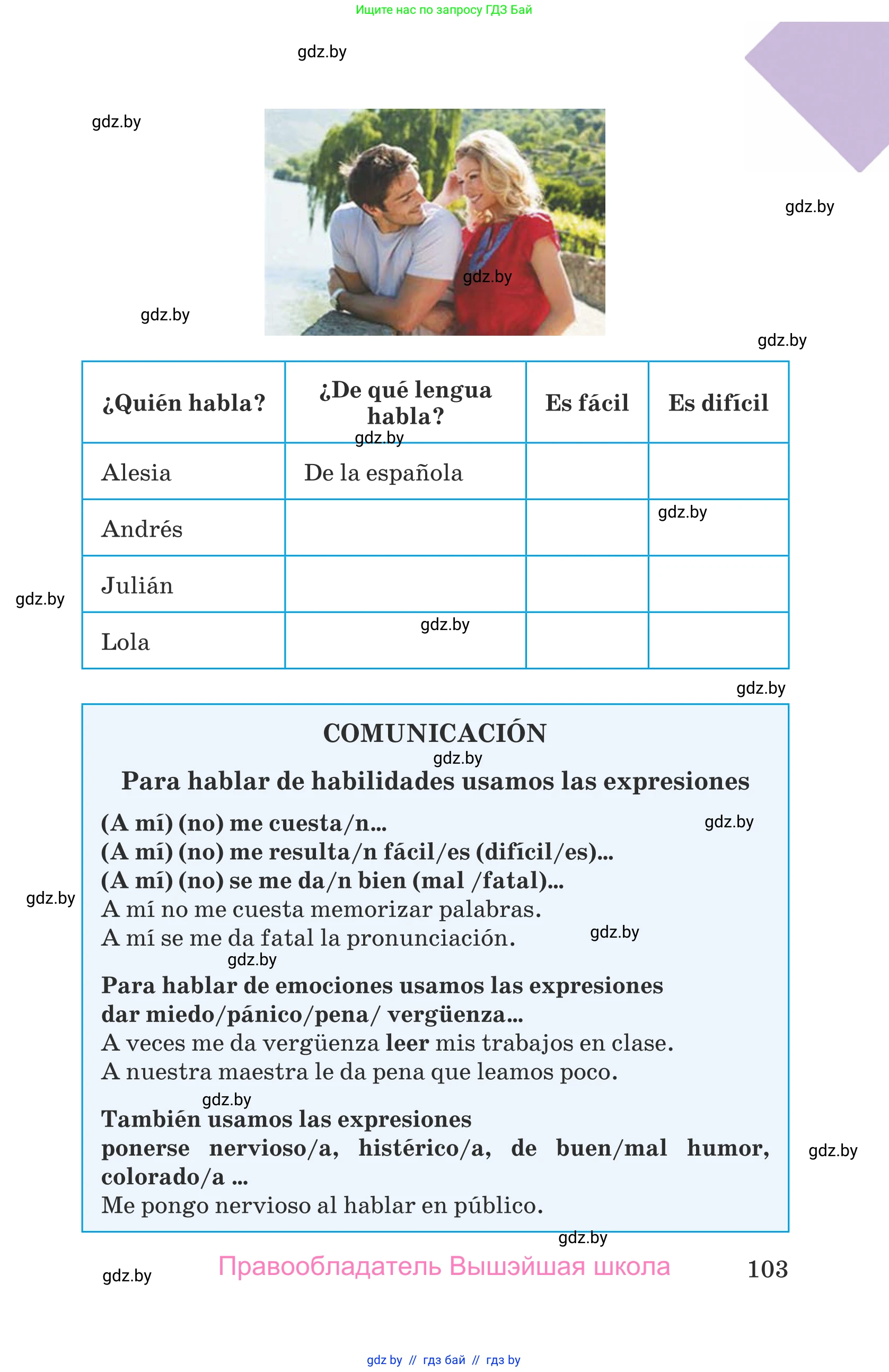 Испанский язык, 9 класс Учебник, авторы: Гриневич Елена Карловна, Янукенас Ольга Викторовна, издательство Вышэйшая школа, Минск, 2020, оранжевого цвета, страница 103