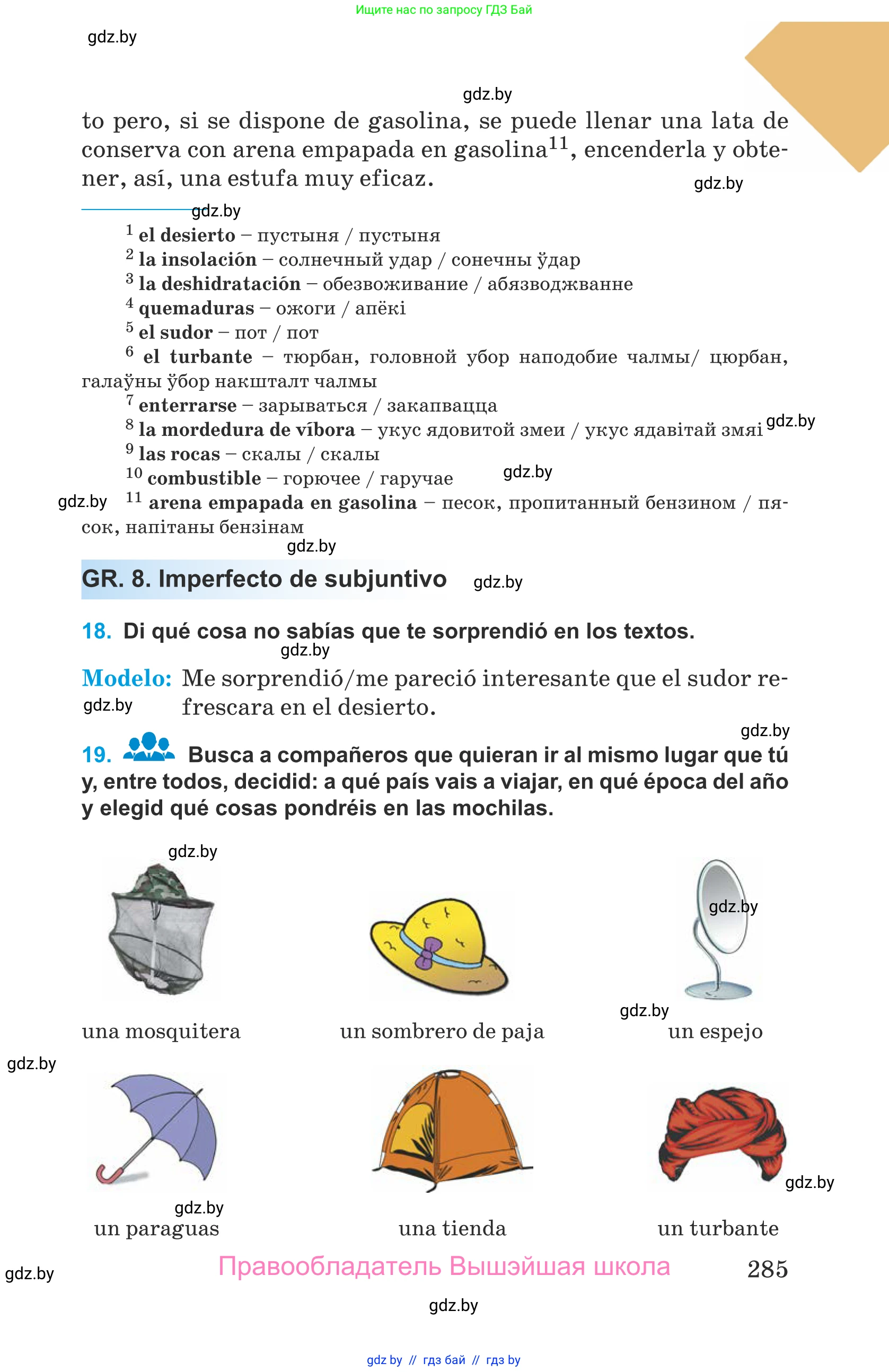 Испанский язык, 9 класс Учебник, авторы: Гриневич Елена Карловна, Янукенас Ольга Викторовна, издательство Вышэйшая школа, Минск, 2020, оранжевого цвета, страница 285