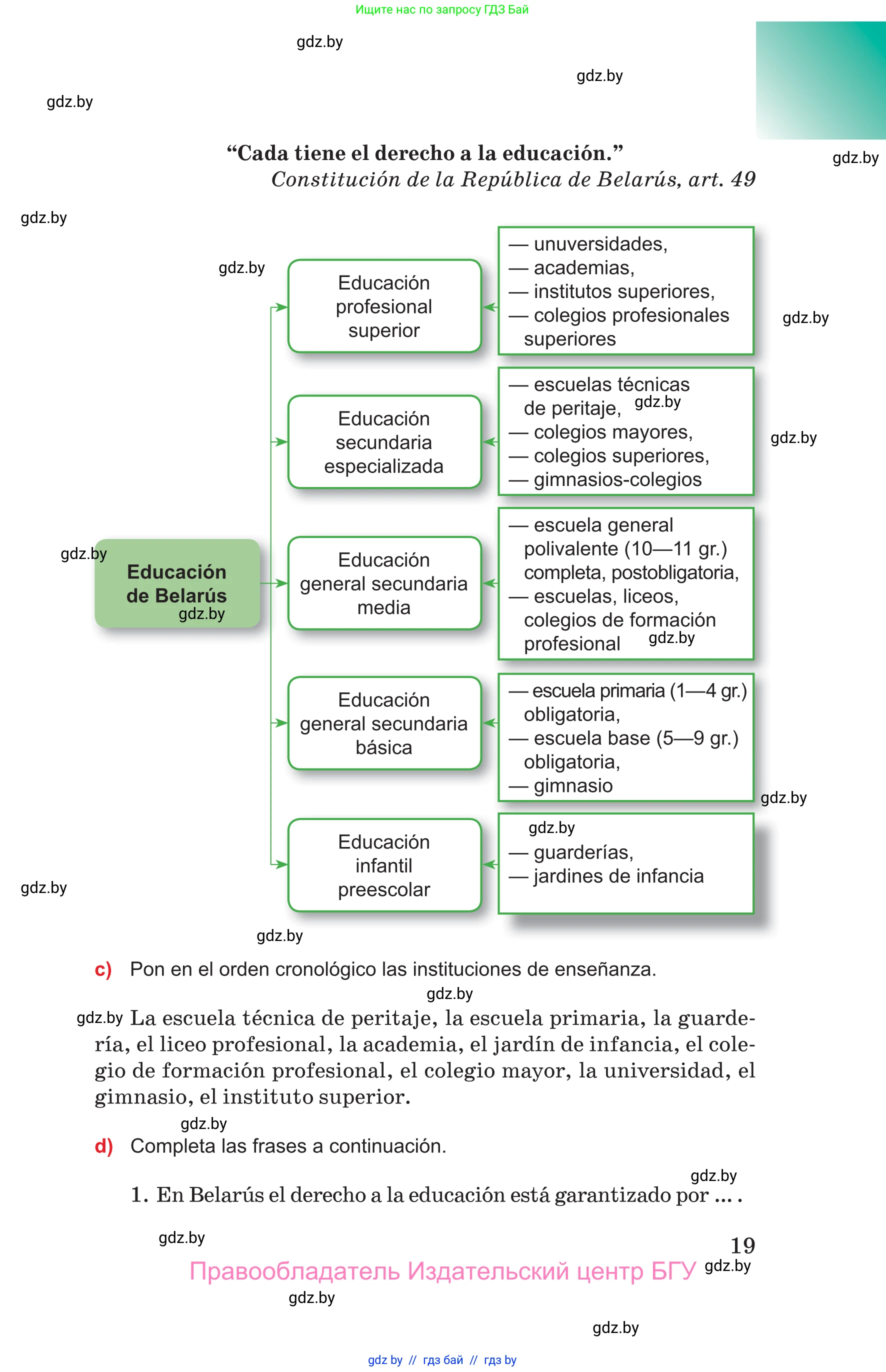 Испанский язык, 10 класс Учебник, авторы: Цыбулева Татьяна Эдуардовна, Пушкина Ольга Александровна, Карпиевич Галина Константиновна, издательство Издательский центр БГУ, Минск, 2019, оранжевого цвета, страница 19