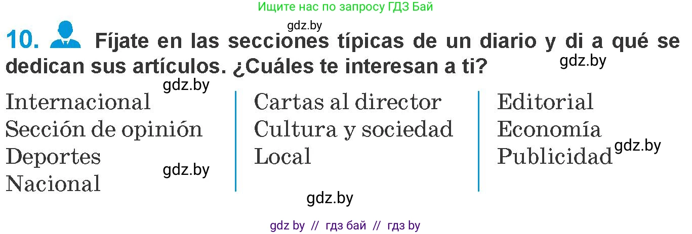 Испанский язык, 10 класс Учебник, авторы: Гриневич Елена Карловна, Янукенас Ольга Викторовна, издательство Вышэйшая школа, Минск, 2019, оранжевого цвета, страница 195, номер 10, Условие