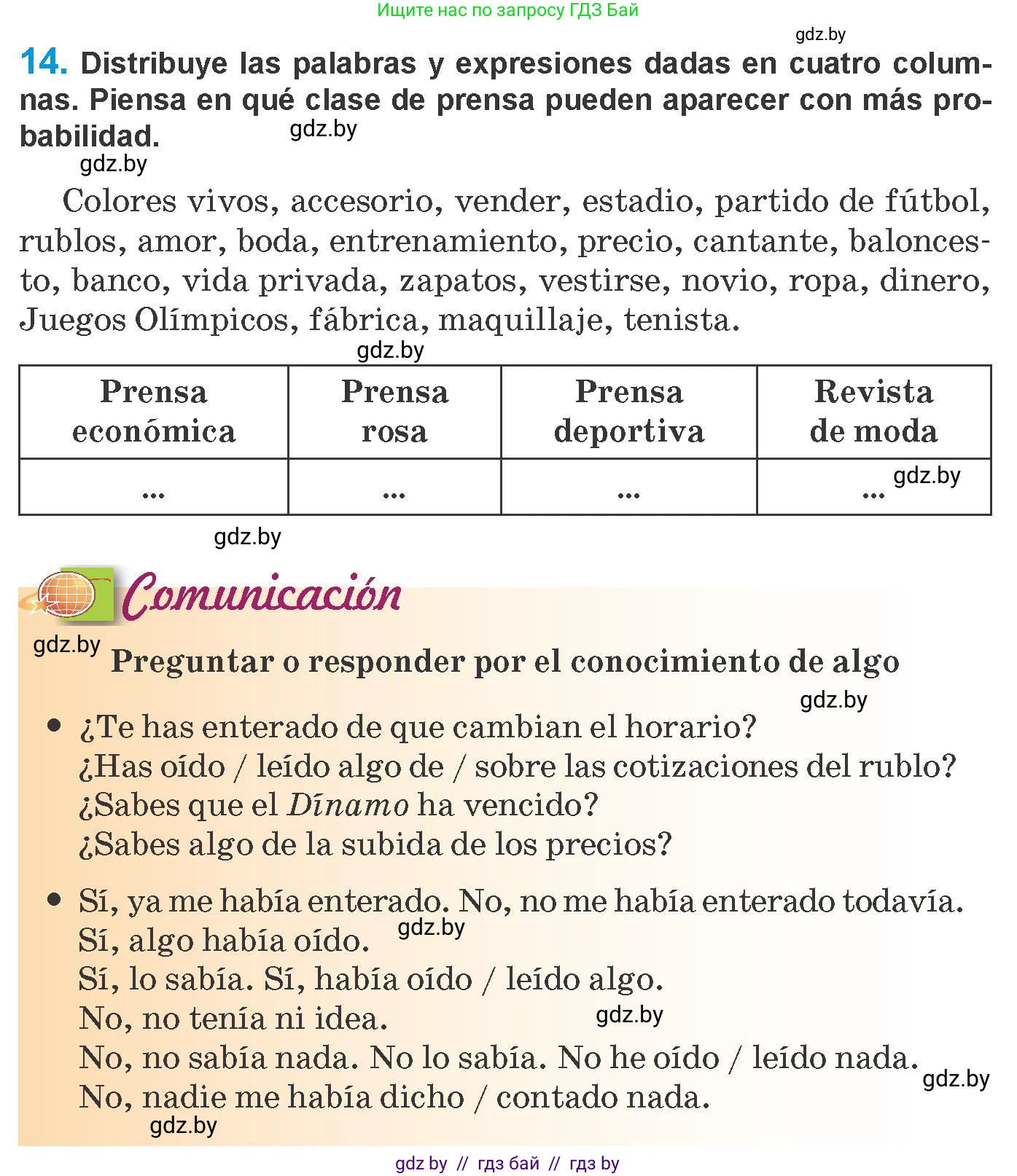 Испанский язык, 10 класс Учебник, авторы: Гриневич Елена Карловна, Янукенас Ольга Викторовна, издательство Вышэйшая школа, Минск, 2019, оранжевого цвета, страница 197, номер 14, Условие