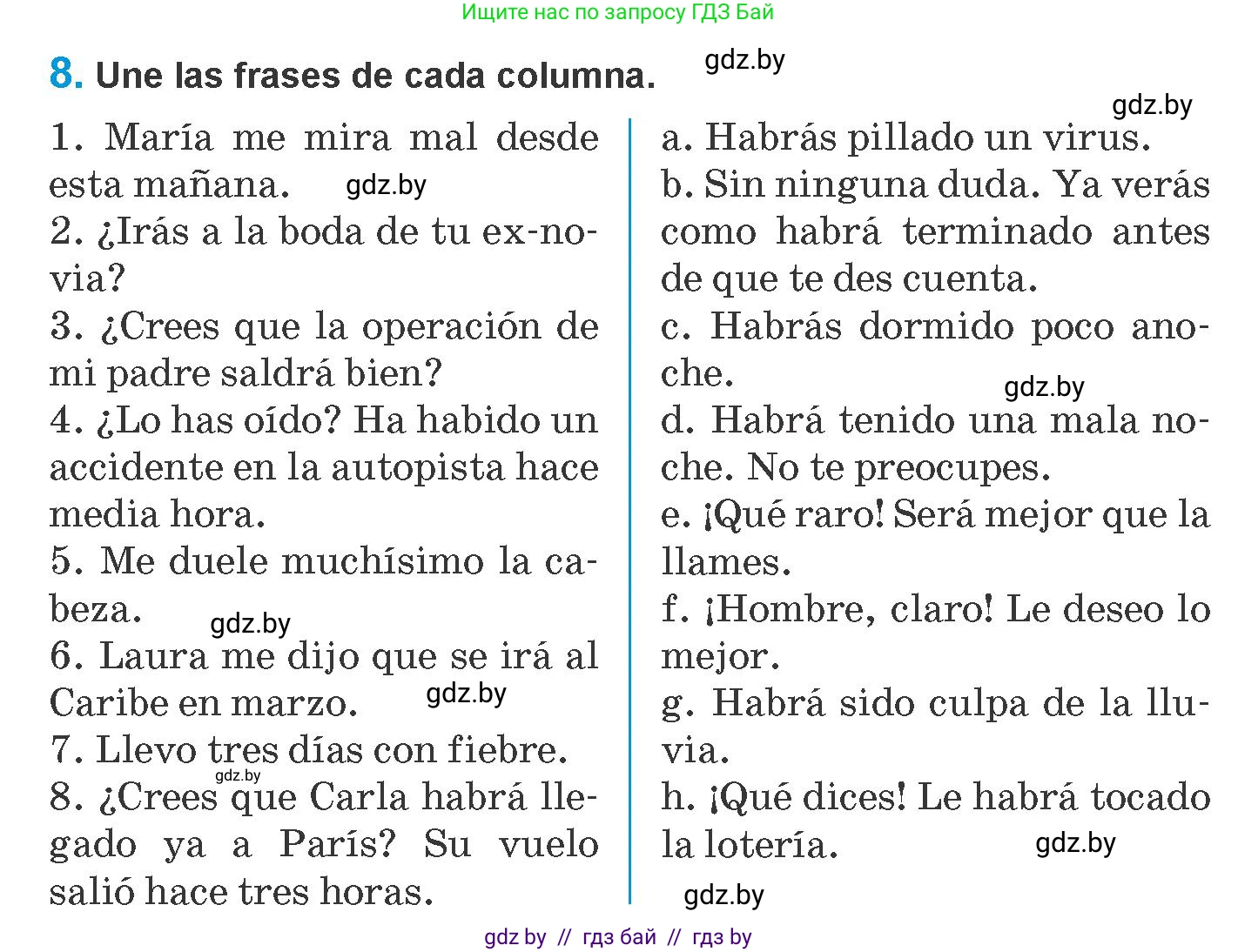 Испанский язык, 10 класс Учебник, авторы: Гриневич Елена Карловна, Янукенас Ольга Викторовна, издательство Вышэйшая школа, Минск, 2019, оранжевого цвета, страница 218, номер 8, Условие