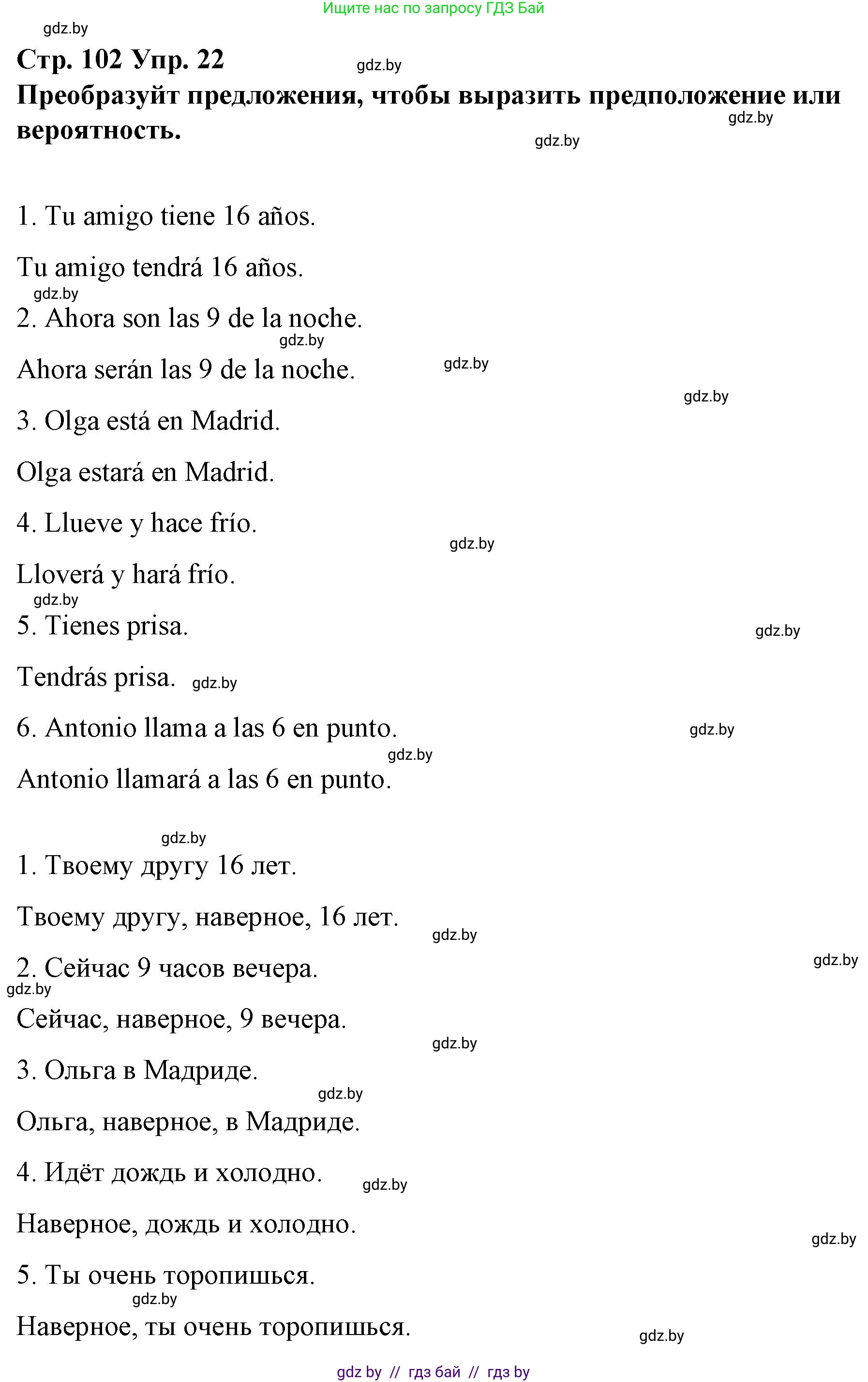 Испанский язык, 10 класс Учебник, авторы: Гриневич Елена Карловна, Янукенас Ольга Викторовна, издательство Вышэйшая школа, Минск, 2019, оранжевого цвета, страница 102, номер 22, Решение