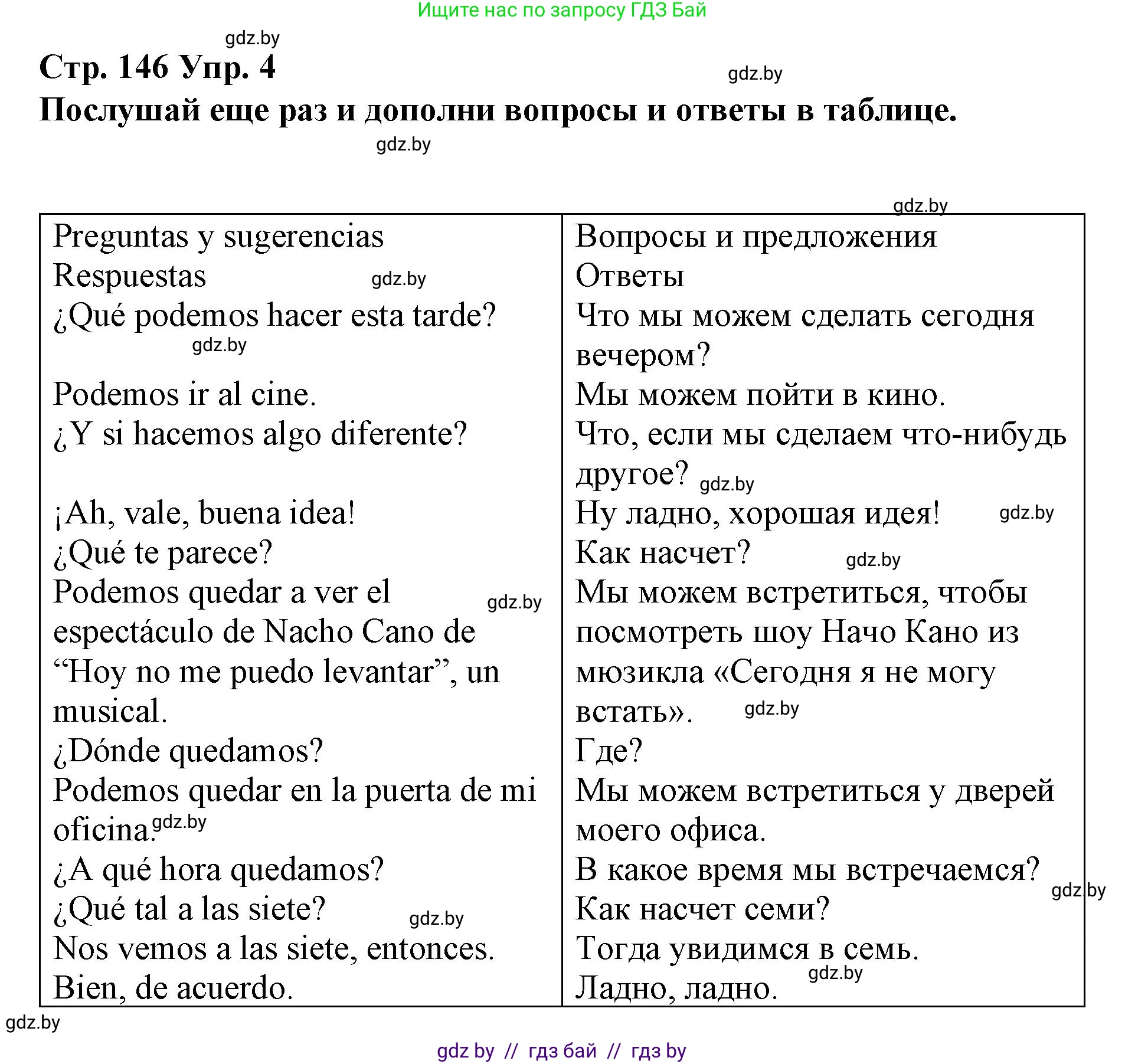 Испанский язык, 10 класс Учебник, авторы: Гриневич Елена Карловна, Янукенас Ольга Викторовна, издательство Вышэйшая школа, Минск, 2019, оранжевого цвета, страница 146, номер 4, Решение