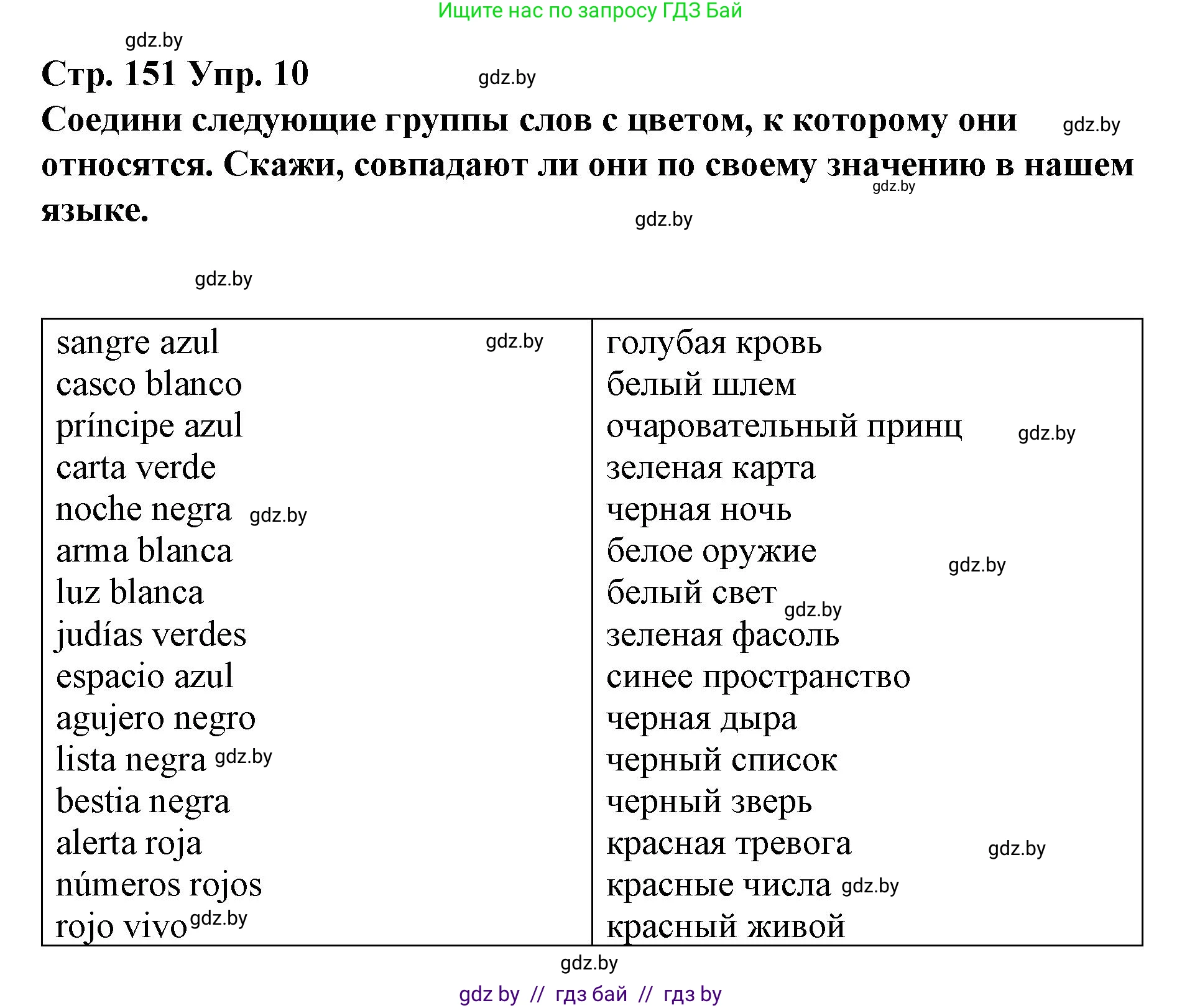 Испанский язык, 10 класс Учебник, авторы: Гриневич Елена Карловна, Янукенас Ольга Викторовна, издательство Вышэйшая школа, Минск, 2019, оранжевого цвета, страница 151, номер 10, Решение