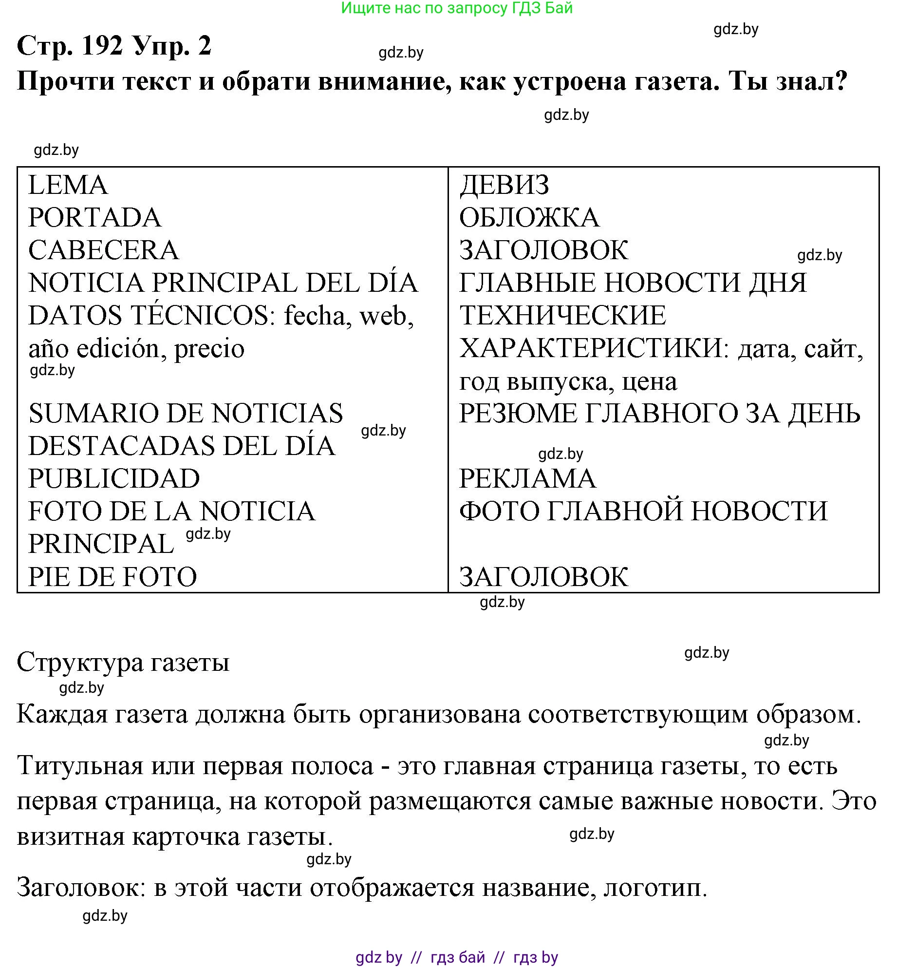 Испанский язык, 10 класс Учебник, авторы: Гриневич Елена Карловна, Янукенас Ольга Викторовна, издательство Вышэйшая школа, Минск, 2019, оранжевого цвета, страница 192, номер 2, Решение