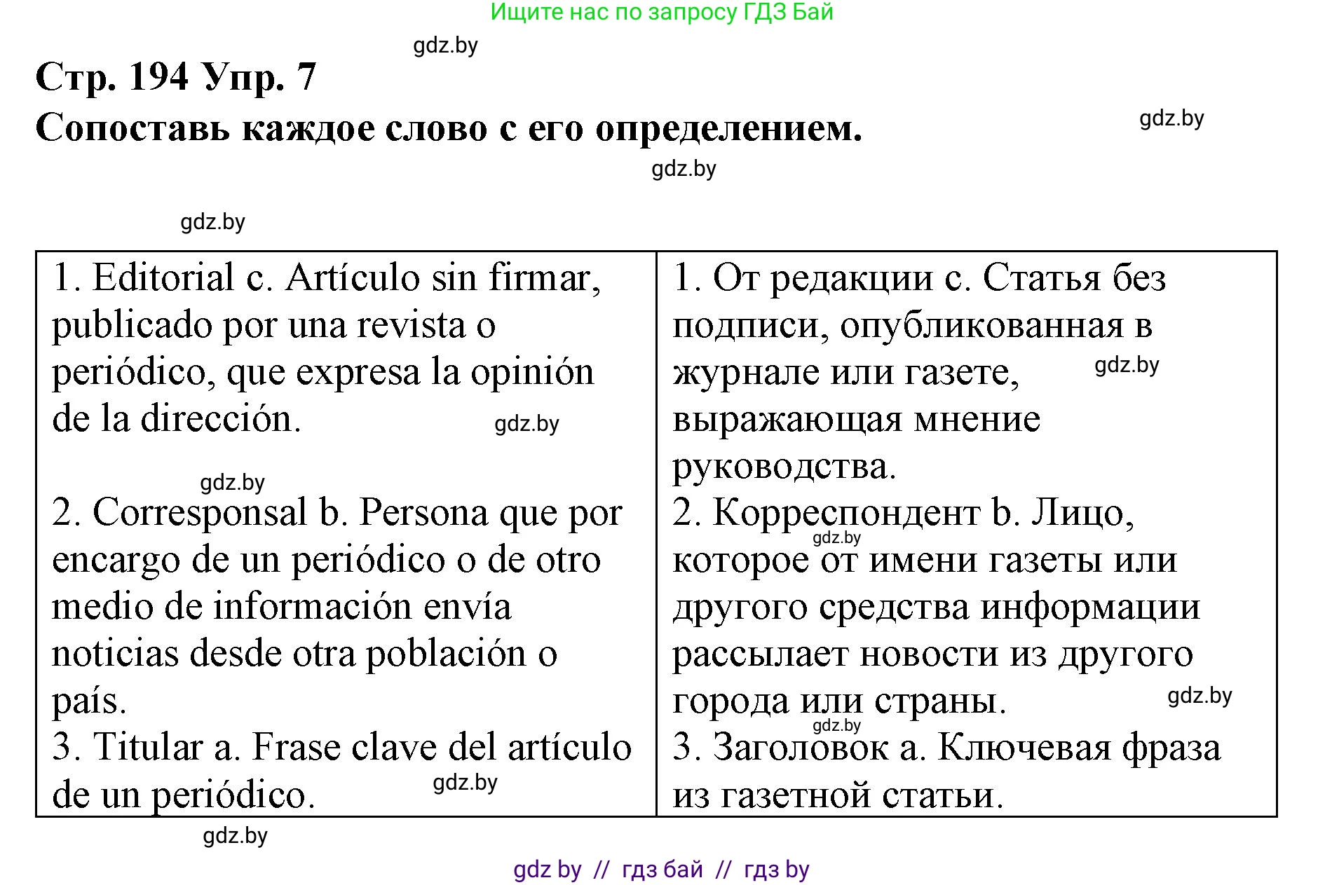 Испанский язык, 10 класс Учебник, авторы: Гриневич Елена Карловна, Янукенас Ольга Викторовна, издательство Вышэйшая школа, Минск, 2019, оранжевого цвета, страница 194, номер 7, Решение