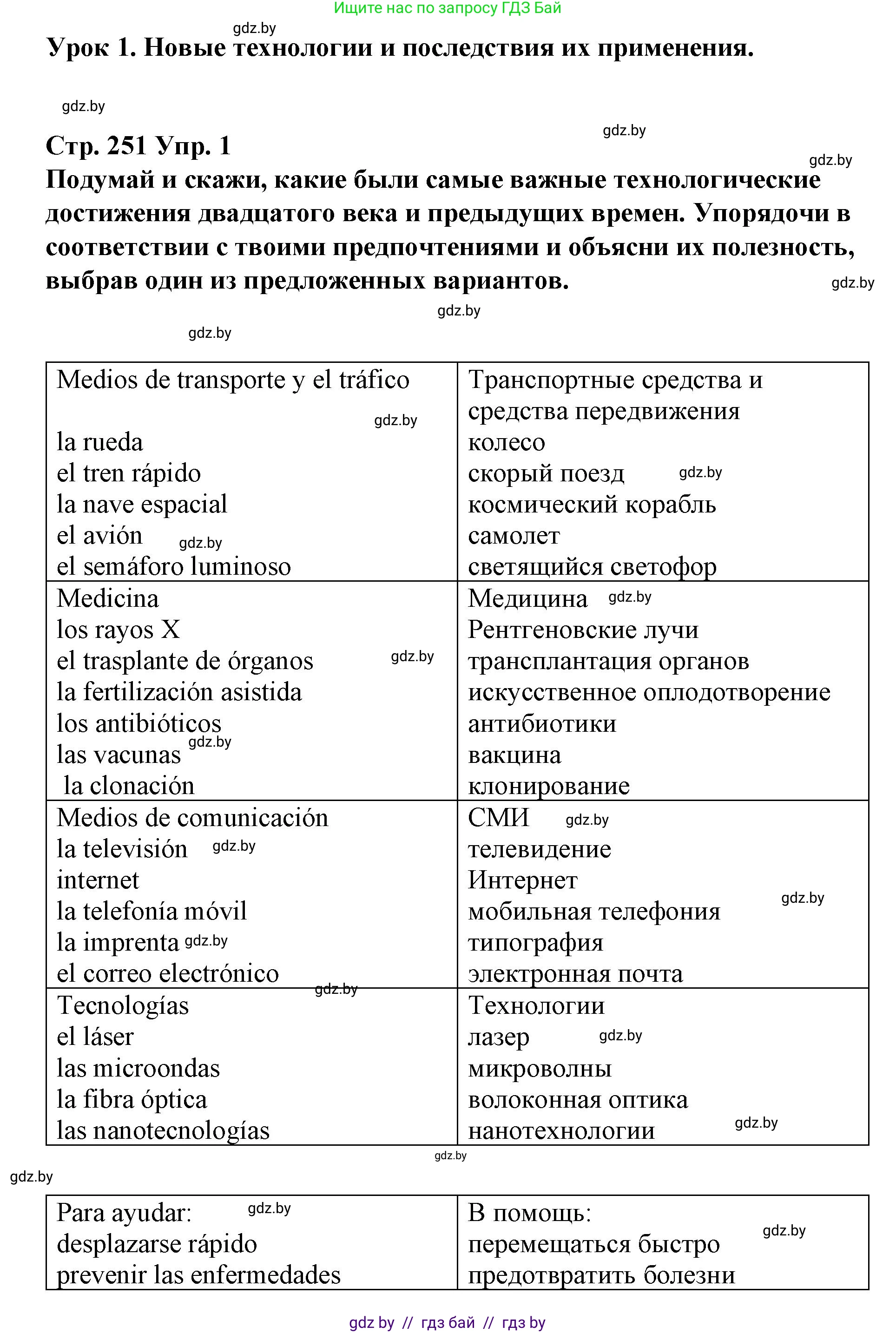 Испанский язык, 10 класс Учебник, авторы: Гриневич Елена Карловна, Янукенас Ольга Викторовна, издательство Вышэйшая школа, Минск, 2019, оранжевого цвета, страница 251, номер 1, Решение