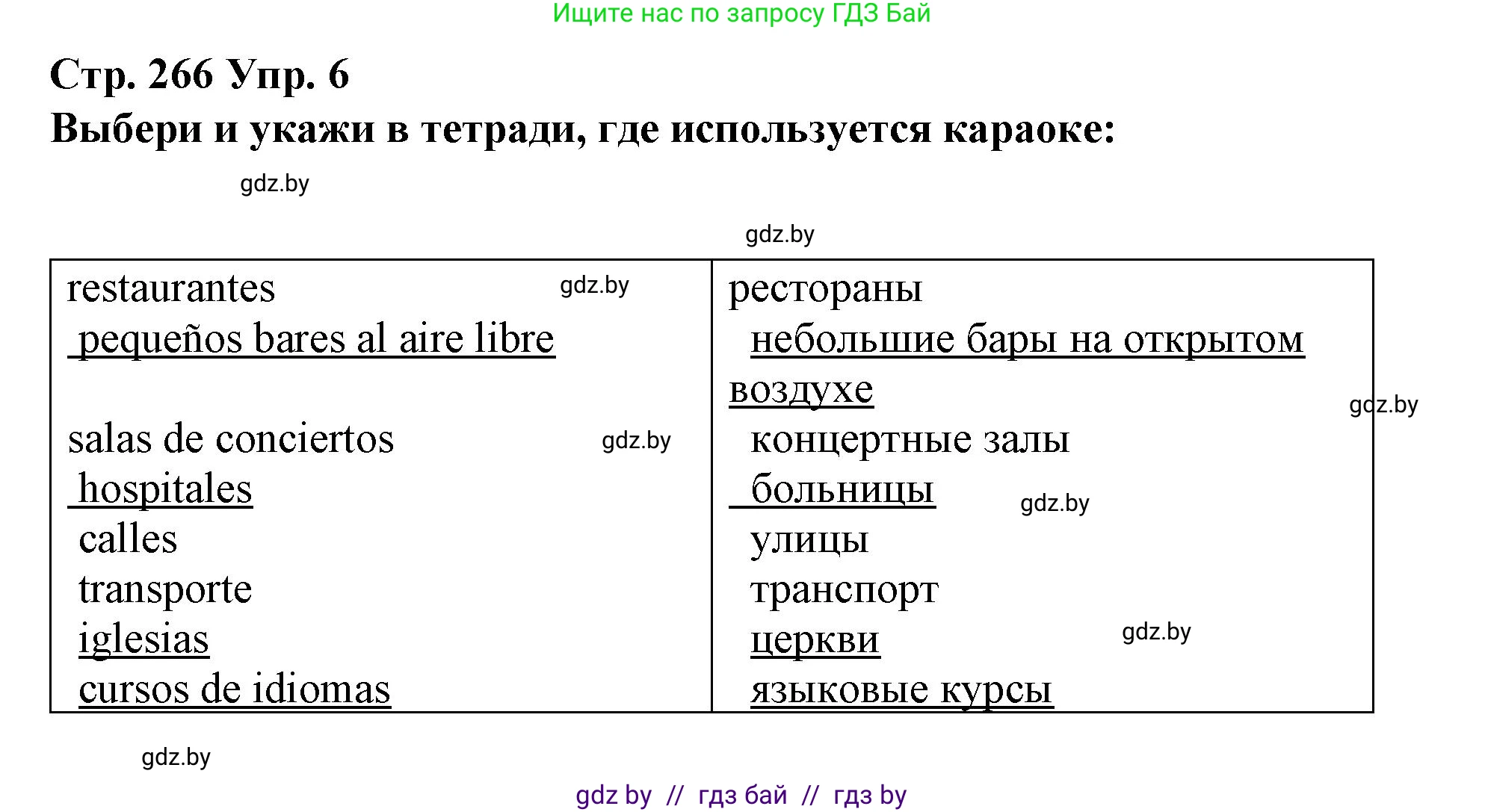 Испанский язык, 10 класс Учебник, авторы: Гриневич Елена Карловна, Янукенас Ольга Викторовна, издательство Вышэйшая школа, Минск, 2019, оранжевого цвета, страница 266, номер 6, Решение