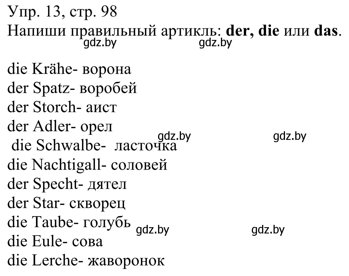 Решение номер 13 (страница 98) гдз по немецкому языку 6 класс Будько, Урбанович, рабочая тетрадь