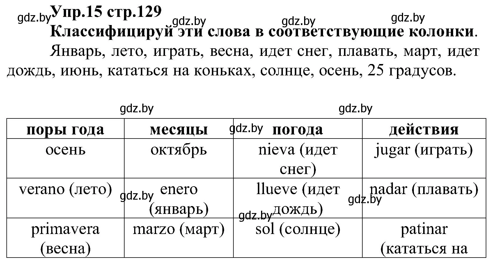 Решение номер 15 (страница 129) гдз по испанскому языку 3 класс Гриневич, Пониматко, учебник 2 часть