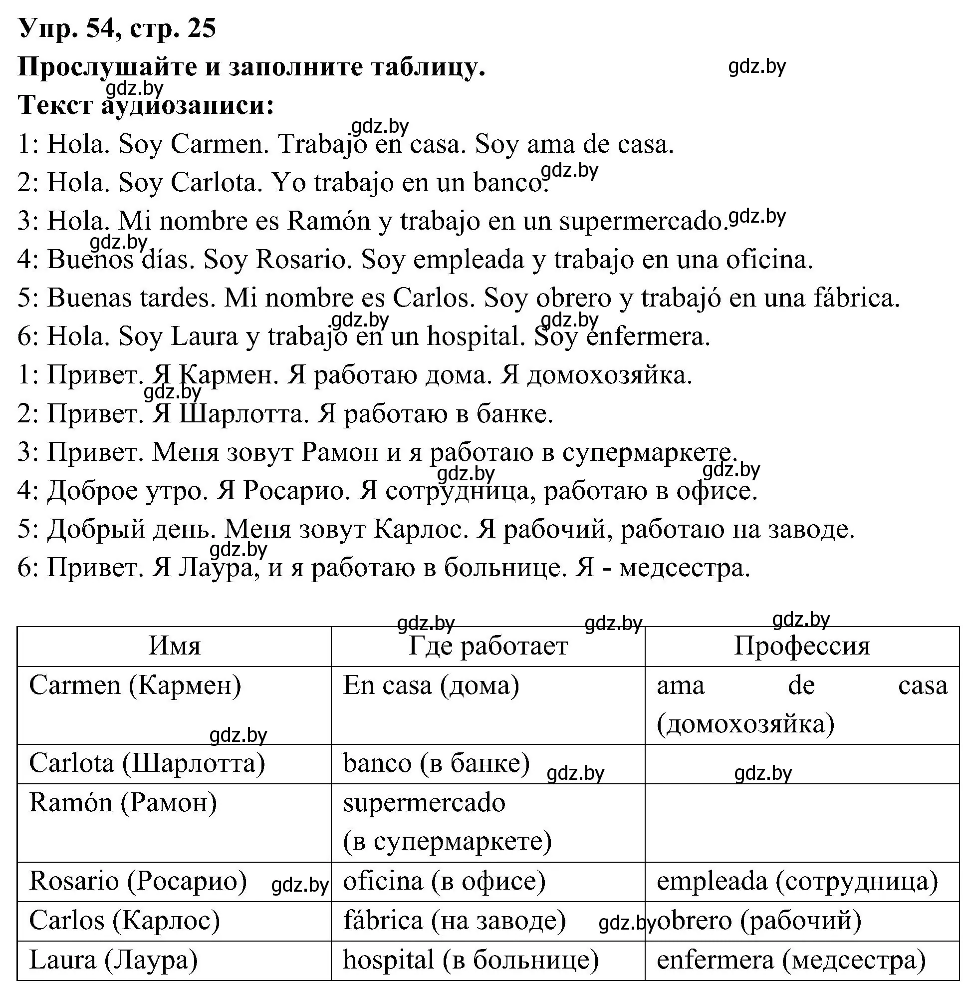 Решение номер 54 (страница 25) гдз по испанскому языку 4 класс Гриневич, Бахар, учебник 1 часть