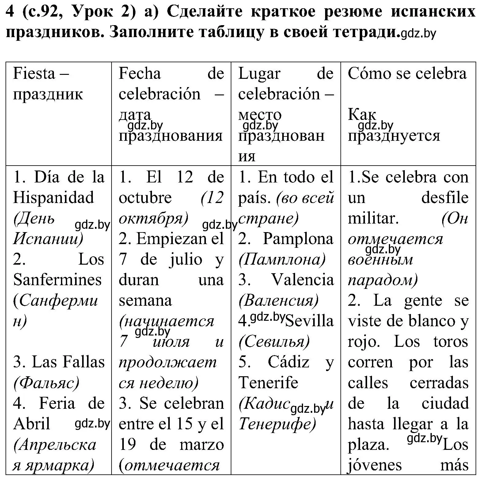 Решение номер 4 (страница 92) гдз по испанскому языку 5 класс Цыбулева, Пушкина, учебник 1 часть